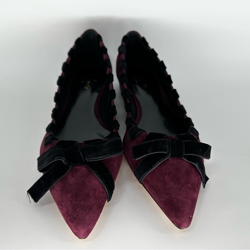 kate spade Deep Cherry Suede Flats with Black Velvet Bow
